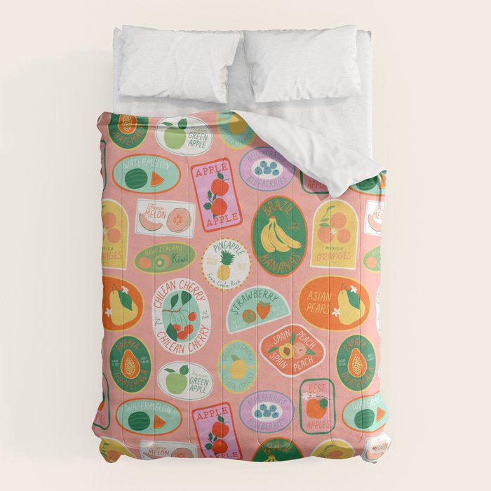 Vintage fruit sticker label cartoon pattern Comforter Gallery Image 1