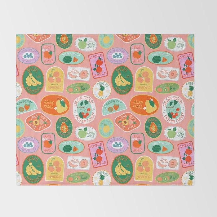 Vintage fruit sticker label cartoon pattern Throw Blanket Gallery Image 2