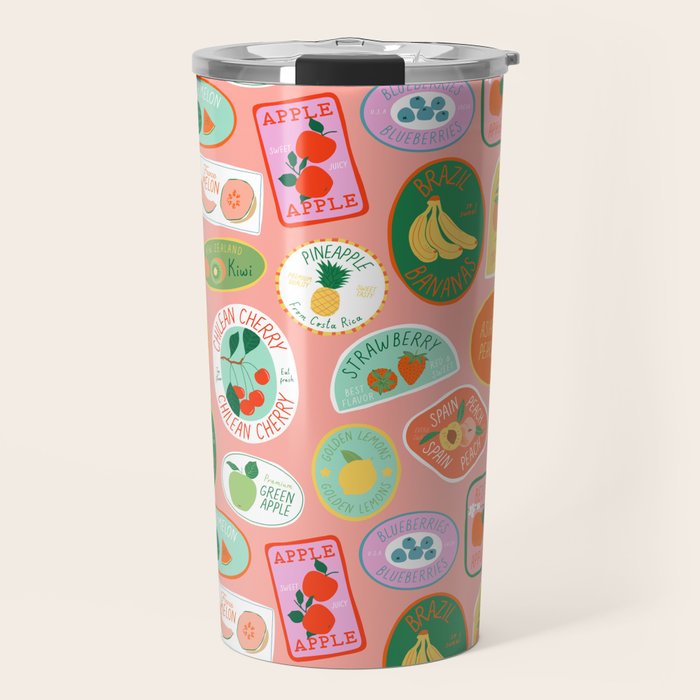 Vintage fruit sticker label cartoon pattern Travel Mug Gallery Image 1