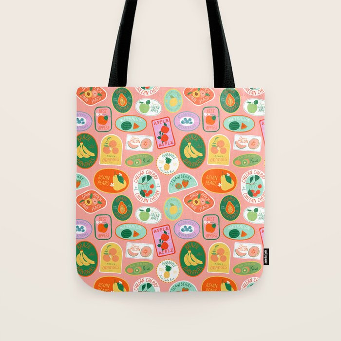 Vintage fruit sticker label cartoon pattern Tote Bag Gallery Image 1