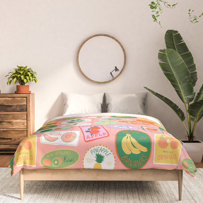 Vintage fruit sticker label cartoon pattern Comforter Gallery Image 3