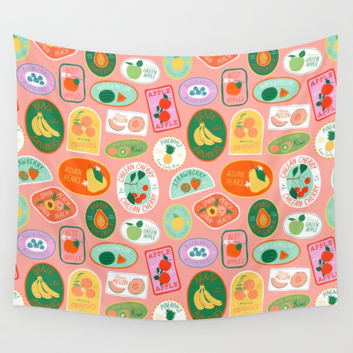 Vintage fruit sticker label cartoon pattern Wall Tapestry Gallery Image 4