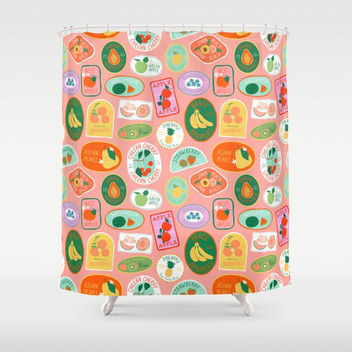 Vintage fruit sticker label cartoon pattern Shower Curtain Gallery Image 1