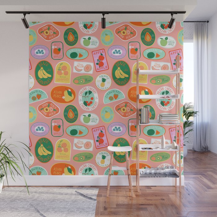 Vintage fruit sticker label cartoon pattern Wall Mural Gallery Image 1