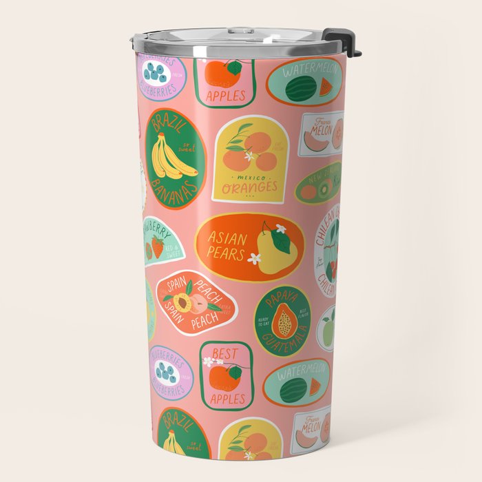 Vintage fruit sticker label cartoon pattern Travel Mug Gallery Image 2
