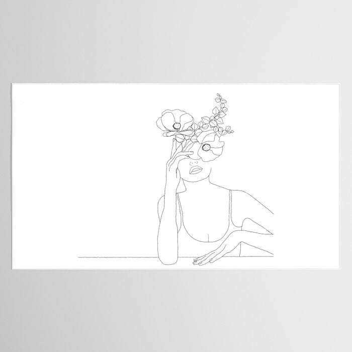 Minimal Line Art Woman with Flowers II Tablecloth Gallery Image 2