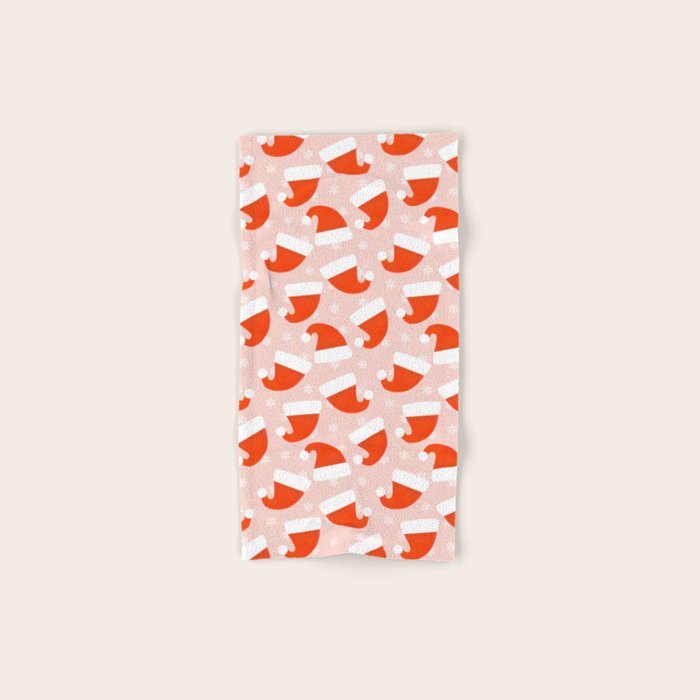 Red Santa Hats & Snowflakes on Linen Pink - Modern Festive Pattern Bath Towel Gallery Image 1