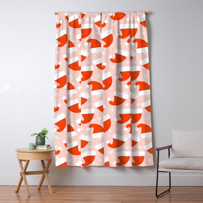 Red Santa Hats & Snowflakes on Linen Pink - Modern Festive Pattern Window Curtain Gallery Image 1