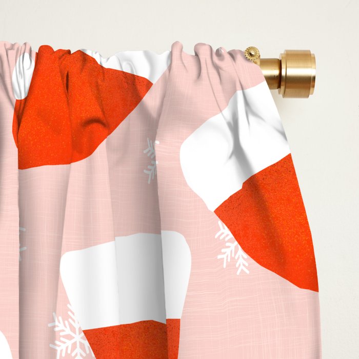Red Santa Hats & Snowflakes on Linen Pink - Modern Festive Pattern Window Curtain Gallery Image 2