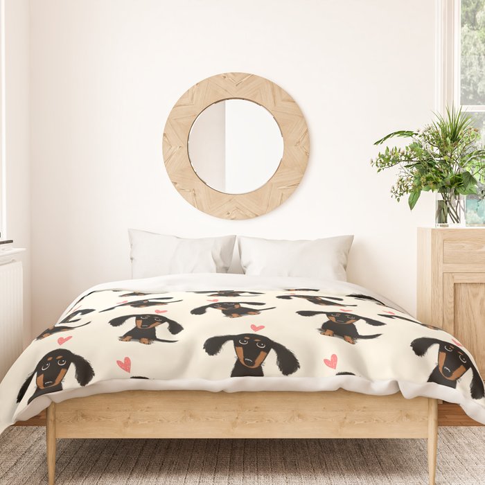 Dachshund Love | Cute Longhaired Black and Tan Wiener Dog Duvet Cover Gallery Image 3