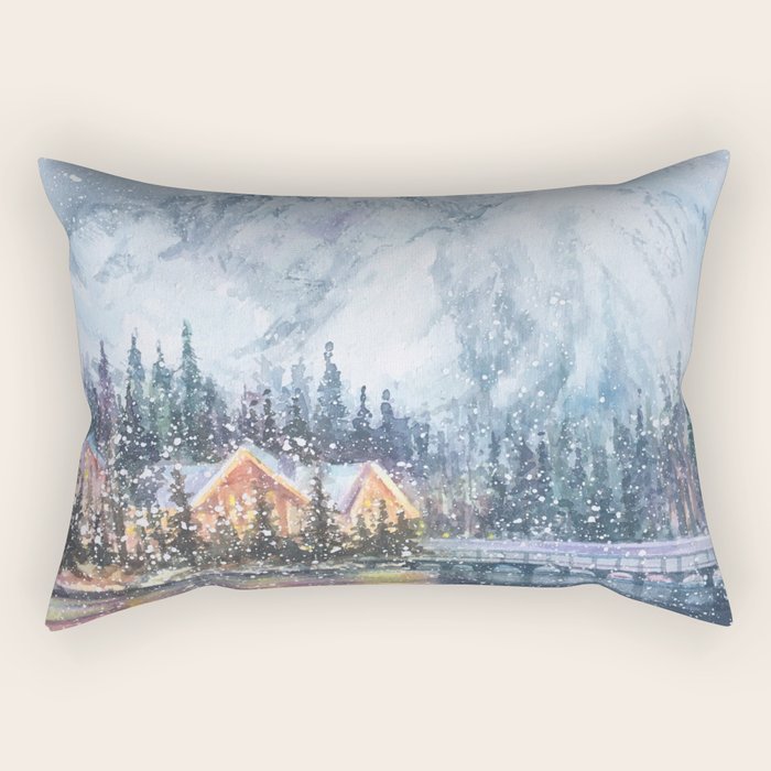 Enchanting Snowy Log Cabin Alpine Lake Rectangular Pillow Gallery Image 1