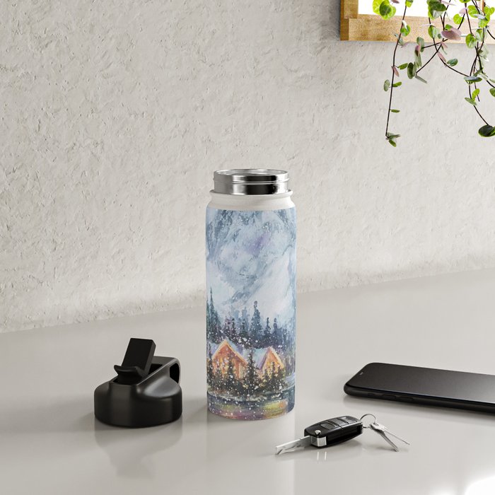 Enchanting Snowy Log Cabin Alpine Lake Water Bottle Gallery Image 4