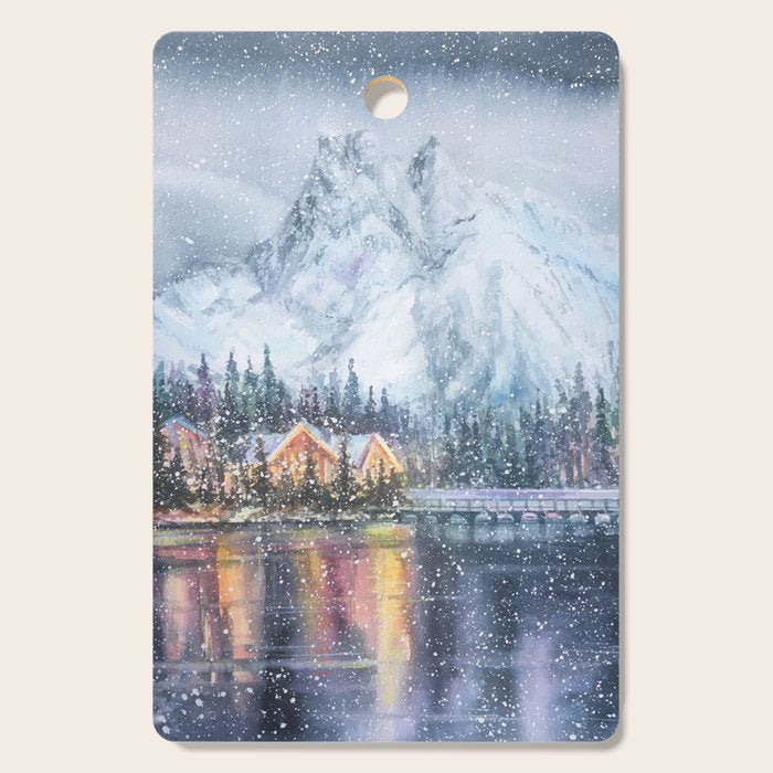 Enchanting Snowy Log Cabin Alpine Lake Cutting Board Gallery Image 1