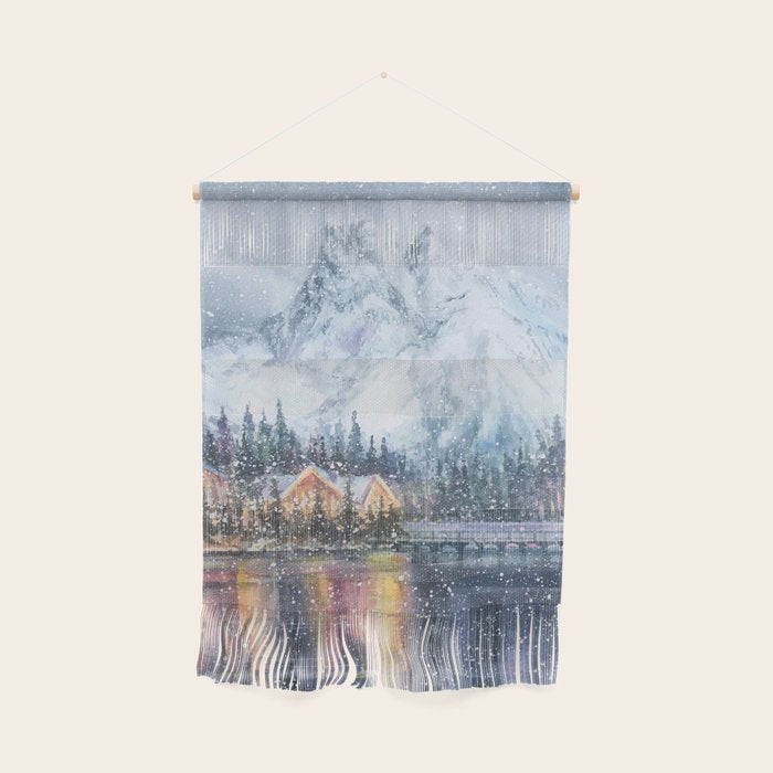 Enchanting Snowy Log Cabin Alpine Lake Wall Hanging Gallery Image 1