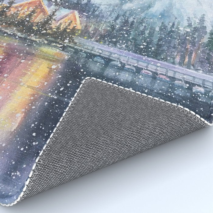 Enchanting Snowy Log Cabin Alpine Lake Rug Gallery Image 4