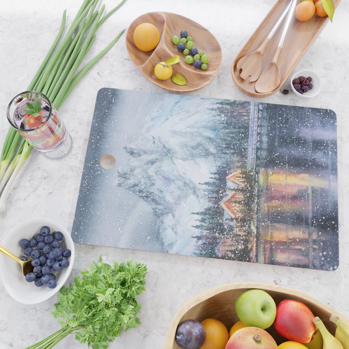Enchanting Snowy Log Cabin Alpine Lake Cutting Board Gallery Image 2