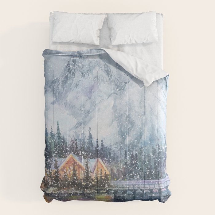 Enchanting Snowy Log Cabin Alpine Lake Comforter Gallery Image 6