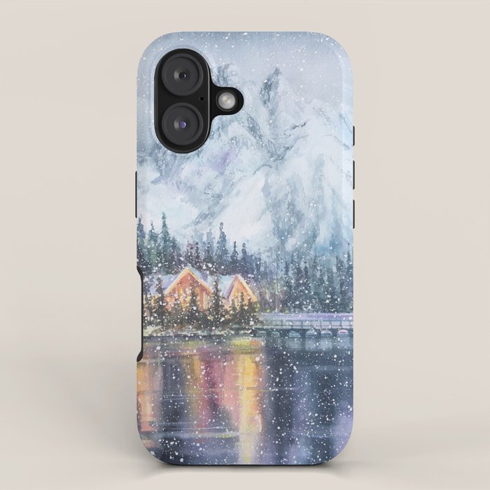 Enchanting Snowy Log Cabin Alpine Lake iPhone Case Gallery Image 1