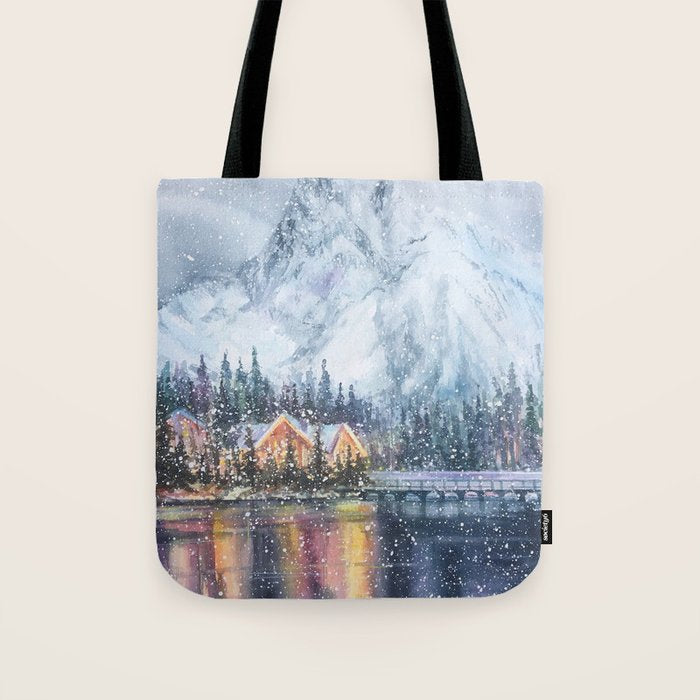 Enchanting Snowy Log Cabin Alpine Lake Tote Bag Gallery Image 1