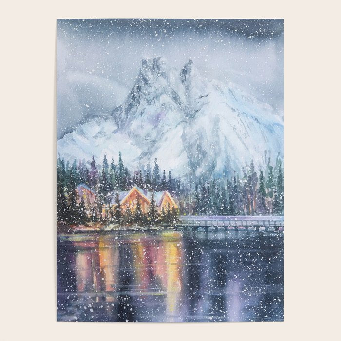 Enchanting Snowy Log Cabin Alpine Lake Poster Gallery Image 4