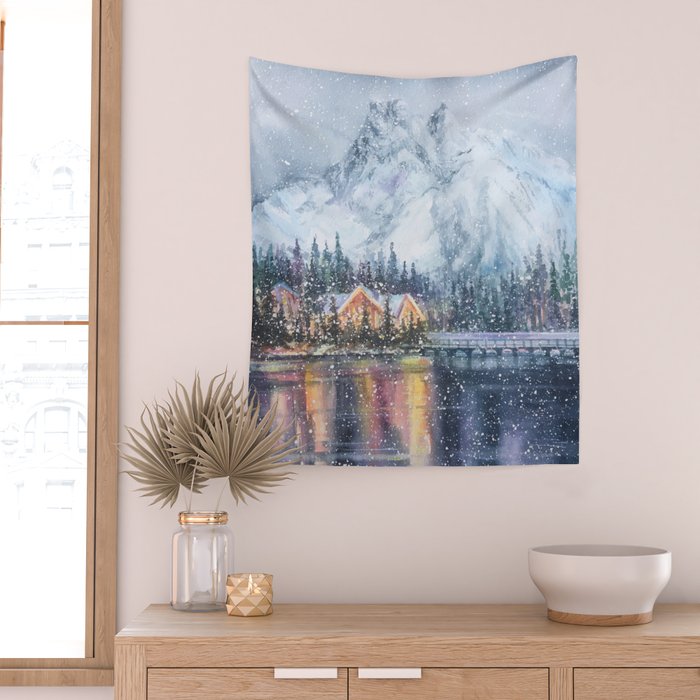 Enchanting Snowy Log Cabin Alpine Lake Wall Tapestry Gallery Image 2