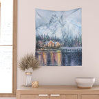 Enchanting Snowy Log Cabin Alpine Lake Wall Tapestry Gallery Image 2