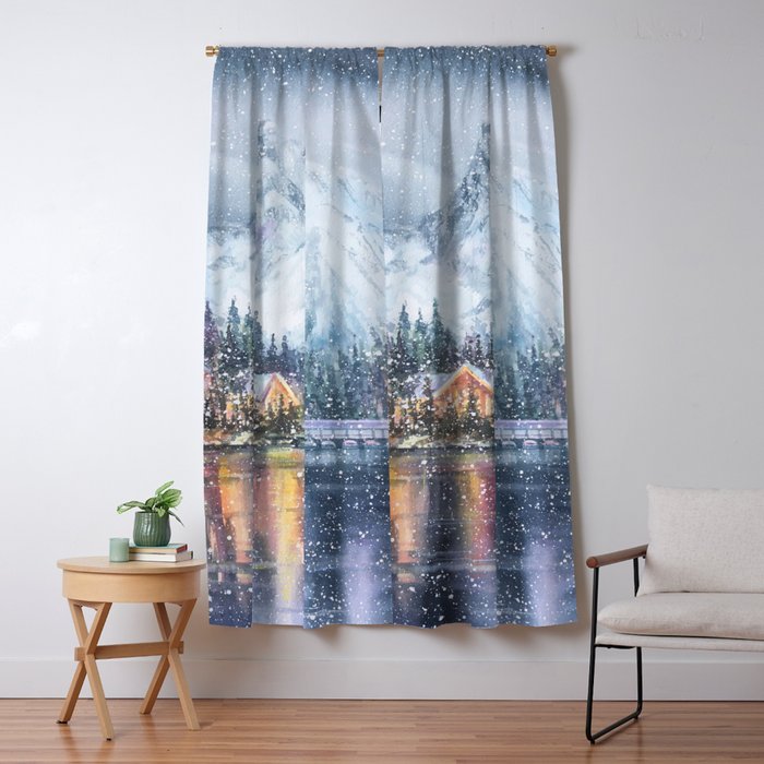 Enchanting Snowy Log Cabin Alpine Lake Window Curtain Gallery Image 5
