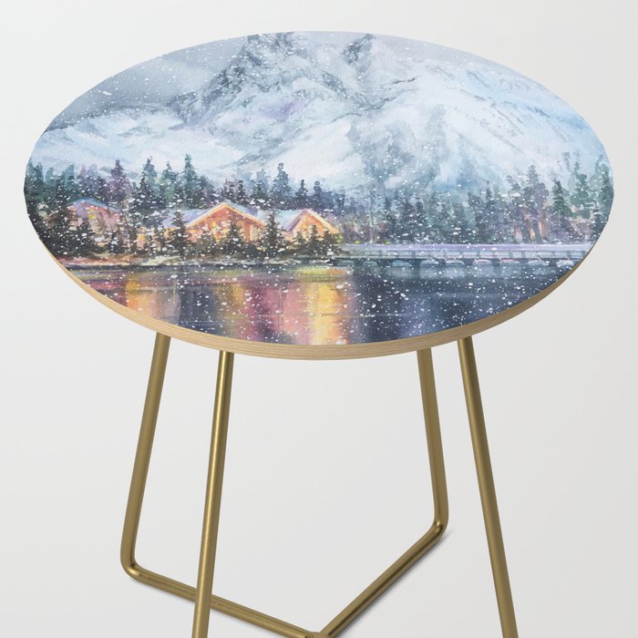 Enchanting Snowy Log Cabin Alpine Lake Side Table Gallery Image 2