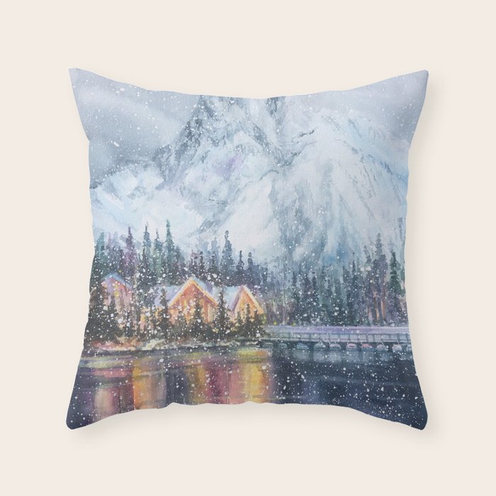 Enchanting Snowy Log Cabin Alpine Lake Throw Pillow Gallery Image 6