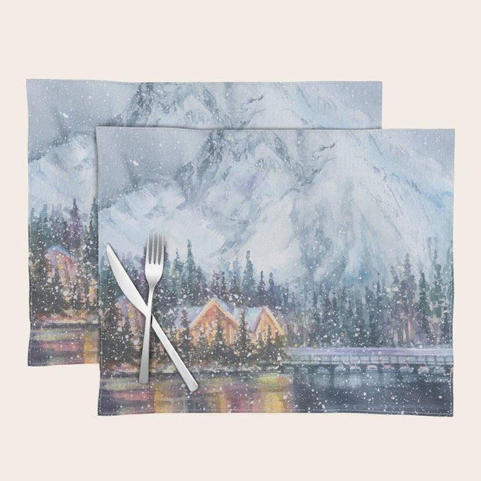 Enchanting Snowy Log Cabin Alpine Lake Placemat Gallery Image 1