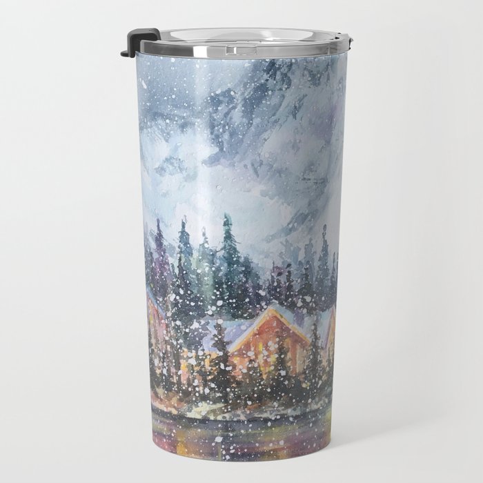 Enchanting Snowy Log Cabin Alpine Lake Travel Mug Gallery Image 3