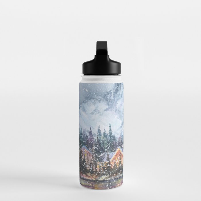 Enchanting Snowy Log Cabin Alpine Lake Water Bottle Gallery Image 3
