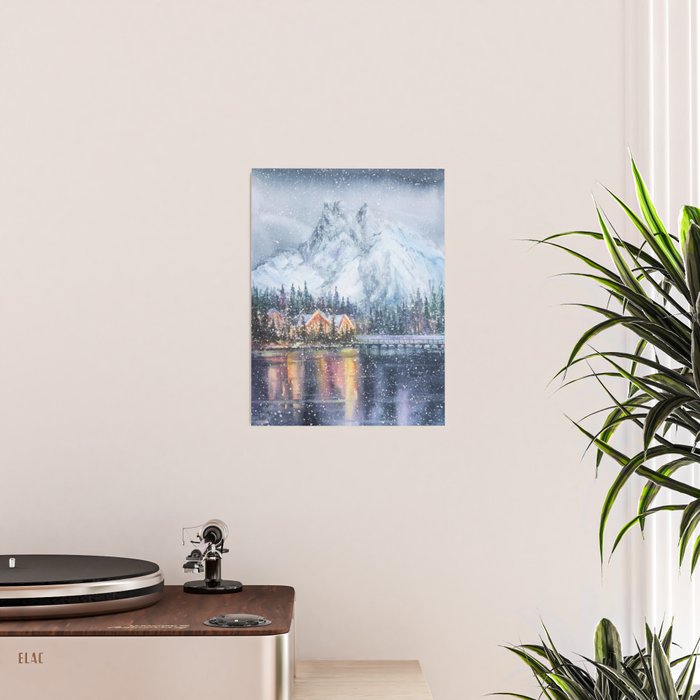 Enchanting Snowy Log Cabin Alpine Lake Poster Gallery Image 2