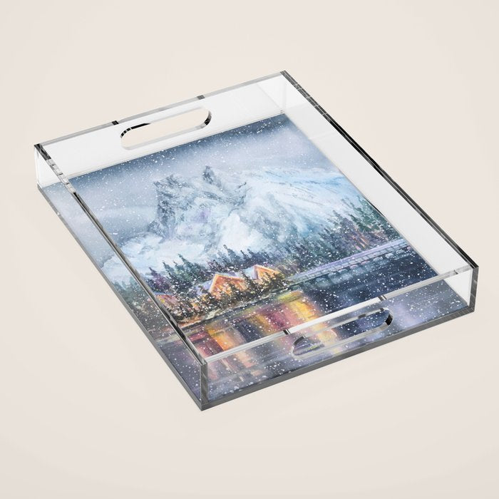 Enchanting Snowy Log Cabin Alpine Lake Acrylic Tray Gallery Image 1