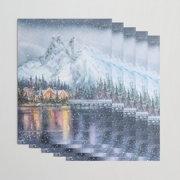 Enchanting Snowy Log Cabin Alpine Lake Wrapping Paper Gallery Image 3