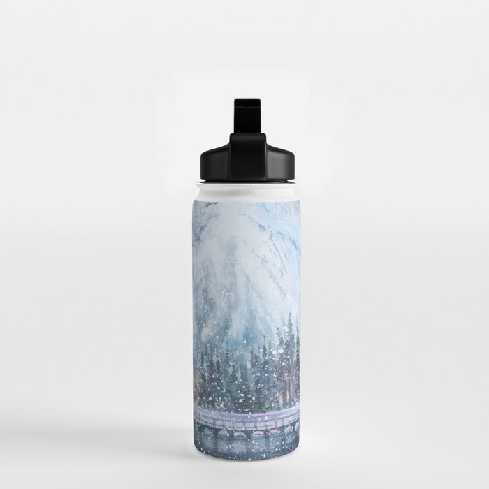 Enchanting Snowy Log Cabin Alpine Lake Water Bottle Gallery Image 2