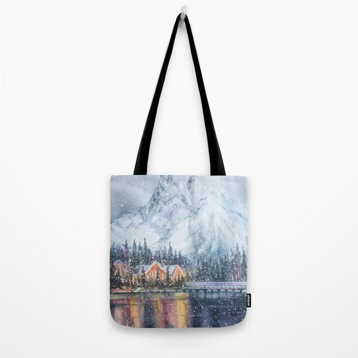 Enchanting Snowy Log Cabin Alpine Lake Tote Bag Gallery Image 2