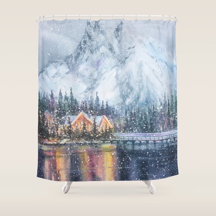 Enchanting Snowy Log Cabin Alpine Lake Shower Curtain Gallery Image 1