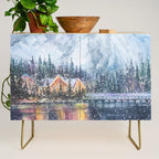 Enchanting Snowy Log Cabin Alpine Lake Credenza Gallery Image 1