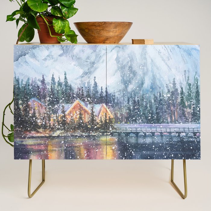 Enchanting Snowy Log Cabin Alpine Lake Credenza Gallery Image 1