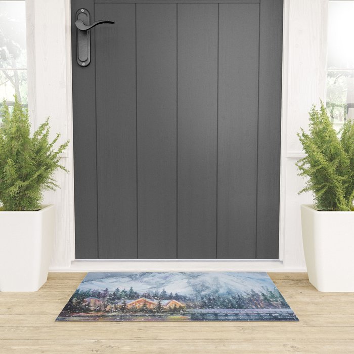 Enchanting Snowy Log Cabin Alpine Lake Welcome Mat Gallery Image 3