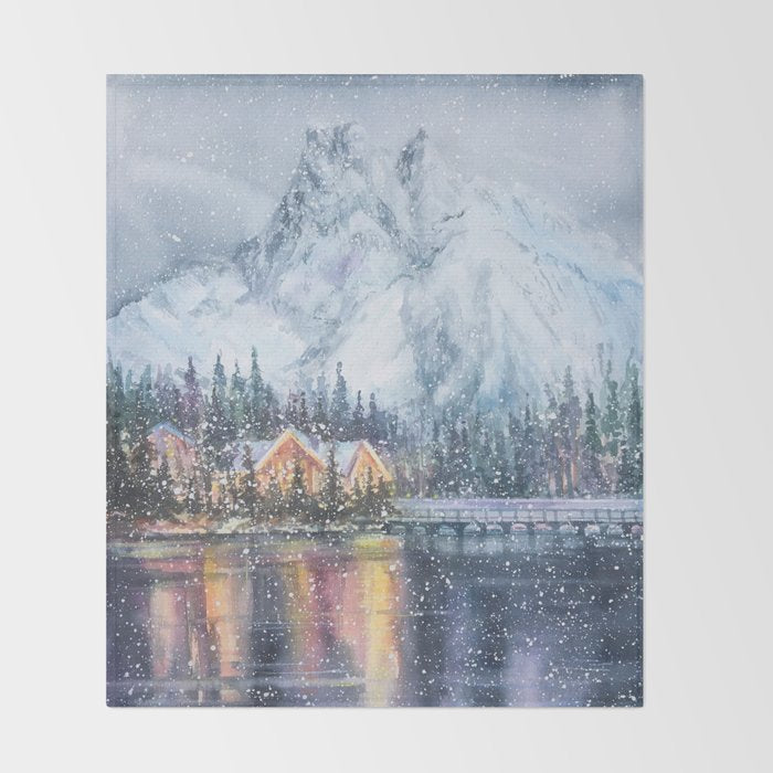 Enchanting Snowy Log Cabin Alpine Lake Throw Blanket Gallery Image 2