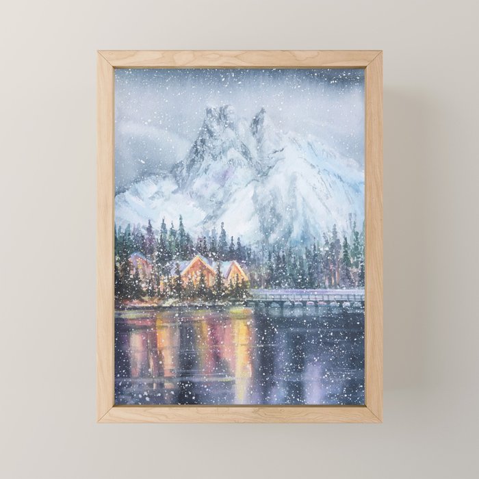 Enchanting Snowy Log Cabin Alpine Lake Mini Art Print Gallery Image 1