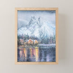 Enchanting Snowy Log Cabin Alpine Lake Mini Art Print Gallery Image 1