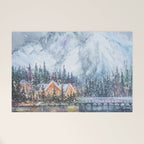 Enchanting Snowy Log Cabin Alpine Lake Welcome Mat Gallery Image 1