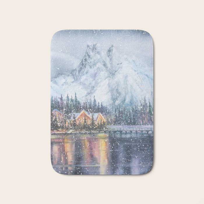 Enchanting Snowy Log Cabin Alpine Lake Bath Mat Gallery Image 1