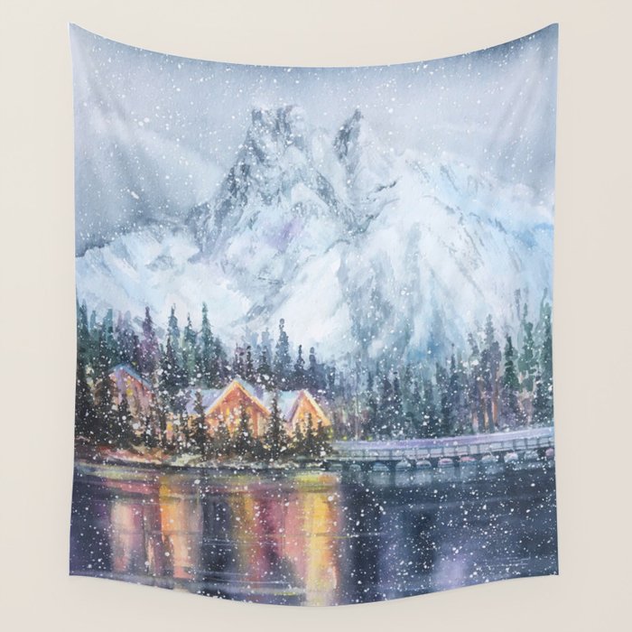 Enchanting Snowy Log Cabin Alpine Lake Wall Tapestry Gallery Image 1