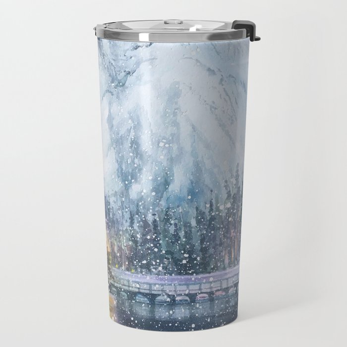 Enchanting Snowy Log Cabin Alpine Lake Travel Mug Gallery Image 2