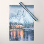 Enchanting Snowy Log Cabin Alpine Lake Wrapping Paper Gallery Image 1