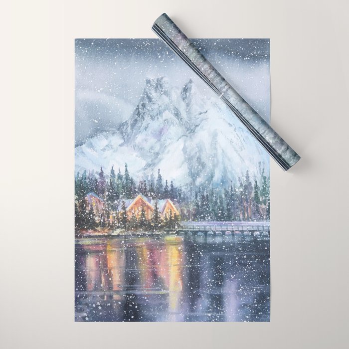 Enchanting Snowy Log Cabin Alpine Lake Wrapping Paper Gallery Image 1